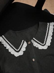 Chiquease Women's Summer Contrast Lace Short Sleeve Single-Breasted Shirt - Black - View 3