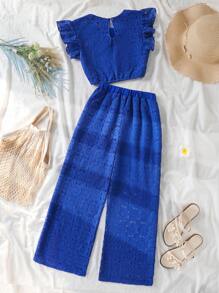 SHEIN Tween Girl Ruffled Lace Jacquard Fabric Top And Pants Set - Royal Blue - View 2