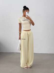 SHEIN EZwear Women Slogan Print Round Neck Short Sleeve Fitted T-Shirt And Drawstring Waist Wide Leg Pants Casual 2-Piece Set - Yellow - View 4