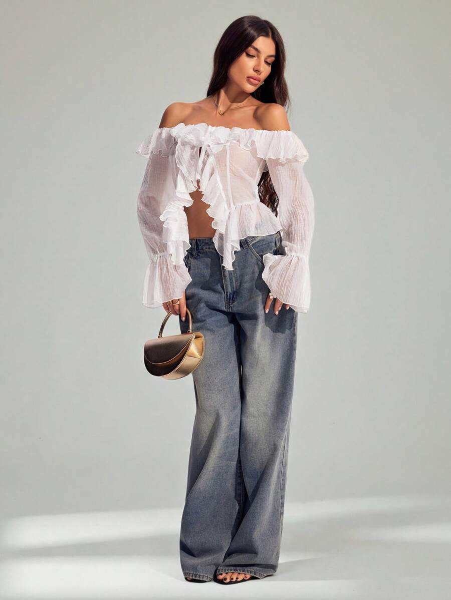 SHEIN Tall 春夏纯白色性感浪漫单肩荷叶边长袖不对称吊带荷叶边下摆女士长袖淑女衬衫、度假旅行衬衫、情人节衬衫、甜美浪漫衬衫、日常通勤衬衫、公主衬衫、白衬衫、生日衬衫、婚礼伴娘礼服衬衫 - 白色 - 查看 1