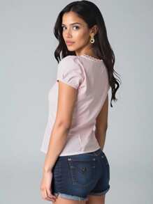 INAWLY Solva Blusa de mujer de cuello en V de manga corta de un solo color, simple y de moda, adecuada para el verano