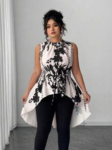 Elenzga 大码女式休闲优雅印花不对称下摆无袖衬衫