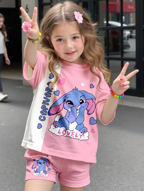 Young Girl Casual Simple Cute Cartoon Blue Rabbit Design Short Sleeve Top And Shorts 2 Pieces Set, Suitable For Summer