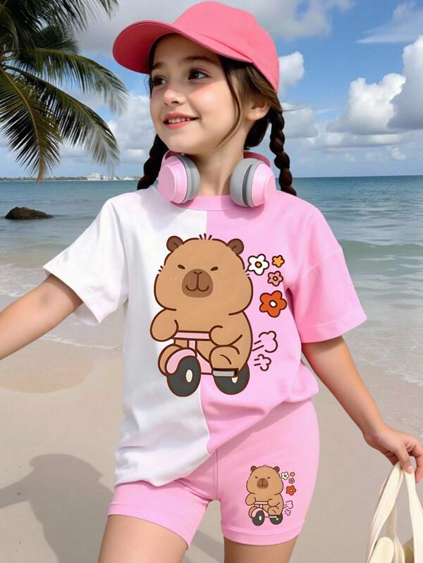 Set de 2 piezas para niñas pequeñas con camiseta de manga corta y pantalones cortos básicos con estampado de patineta y flores de colores, conjunto informal y de moda