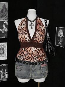 Flirla Camiseta sin mangas de punto acanalado con tiras finas tipo espagueti y espalda descubierta, con estampado de leopardo, para verano - Multicolor - Ver 4