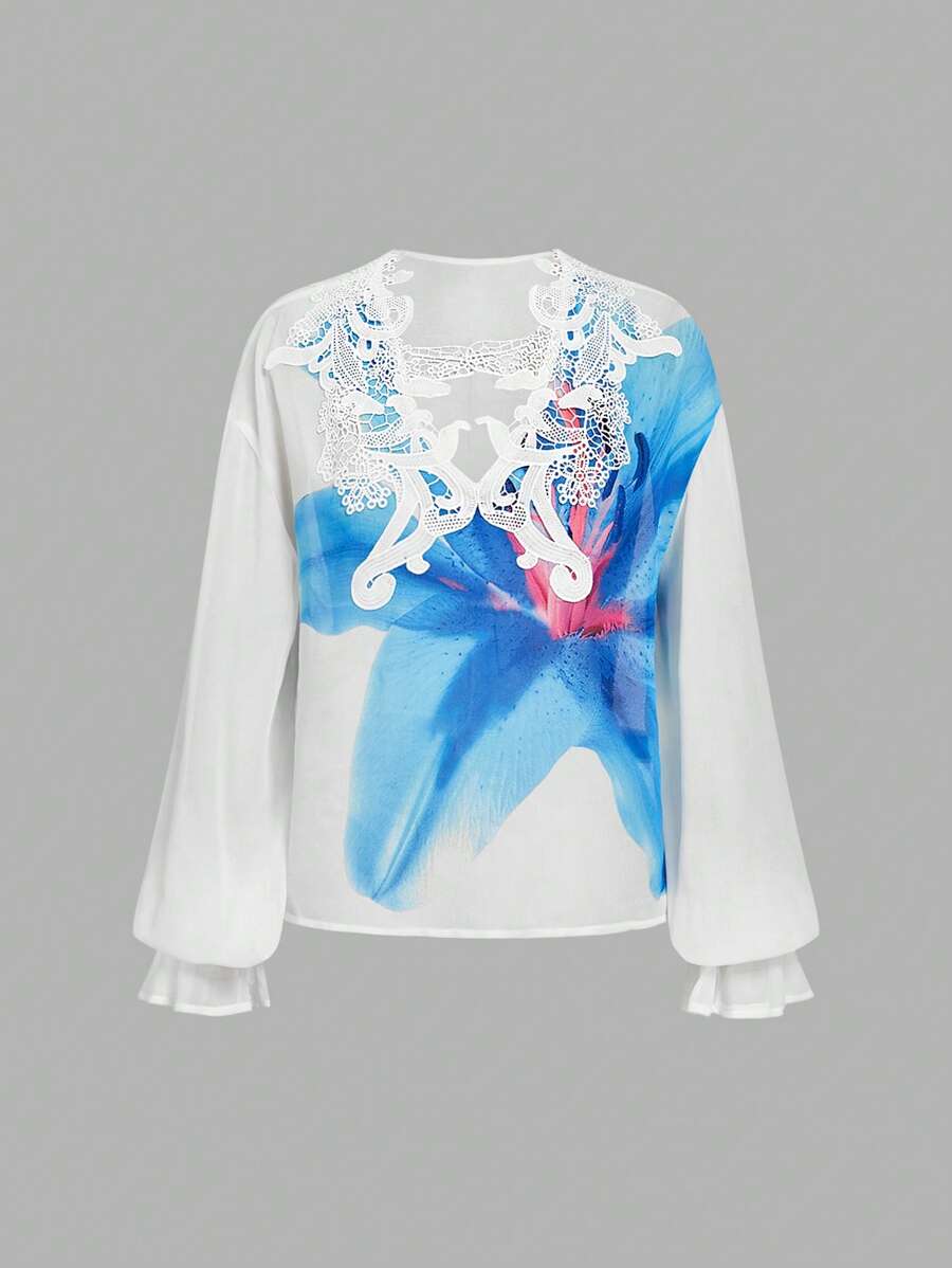 SHEIN MOD Women's Casual Floral Print Lace Decorated Blouse, Suitable For Vacation,Autumn,Fall Women,Back To School,Office Wear Women,Old Money Style Women,Cruise Women,Teacher Shirts,Vacation,Flowy Top,Boho - White - View 1