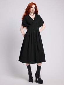 ROMWE Grunge Punk Gaun Kasual Wanita Warna Polos Lengan Kelelawar, Musim Panas - Hitam - View 1