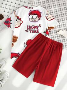 2 件套男童酷炫可爱卡通人物印花短袖 T 恤和短裤，休闲装 - 彩色 - 查看 2