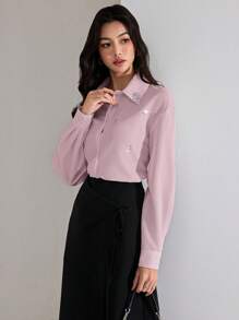 Heiryn Women's Rhinestone Decor Drop Shoulder Long Sleeve Single-Breasted Elegant Blouse - Pink - View 4