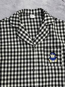 SHEIN Dozemod 儿童青少年男孩补丁图案熊装饰翻领补丁前短袖和短裤宽松休闲编织睡衣套装，2 件 - 黑色 - 查看 3