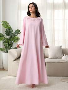 Yasmyna Robe décontractée élégante à col rond, de couleur unie avec patch floral, pour femme