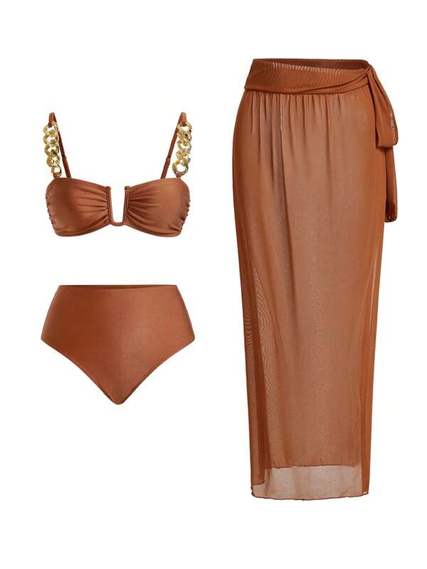 Swim Oasis Women Solid Color Metal Chain Detailed Split Bikini Set Set With Twist Front Skirt