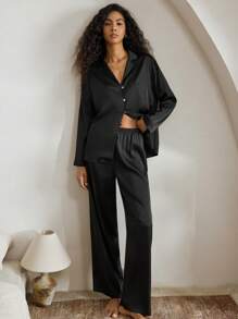 Ocili 休闲女士丝滑缎面宽松长袖上衣长裤睡衣套装，适合假日、秋冬季节穿着 - 黑色 - 查看 2