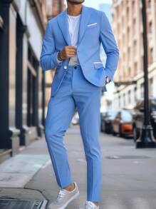 Manfinity Mode 男士商务通勤西装 - 夹克和裤子套装 - 淺藍色 - 查看 1
