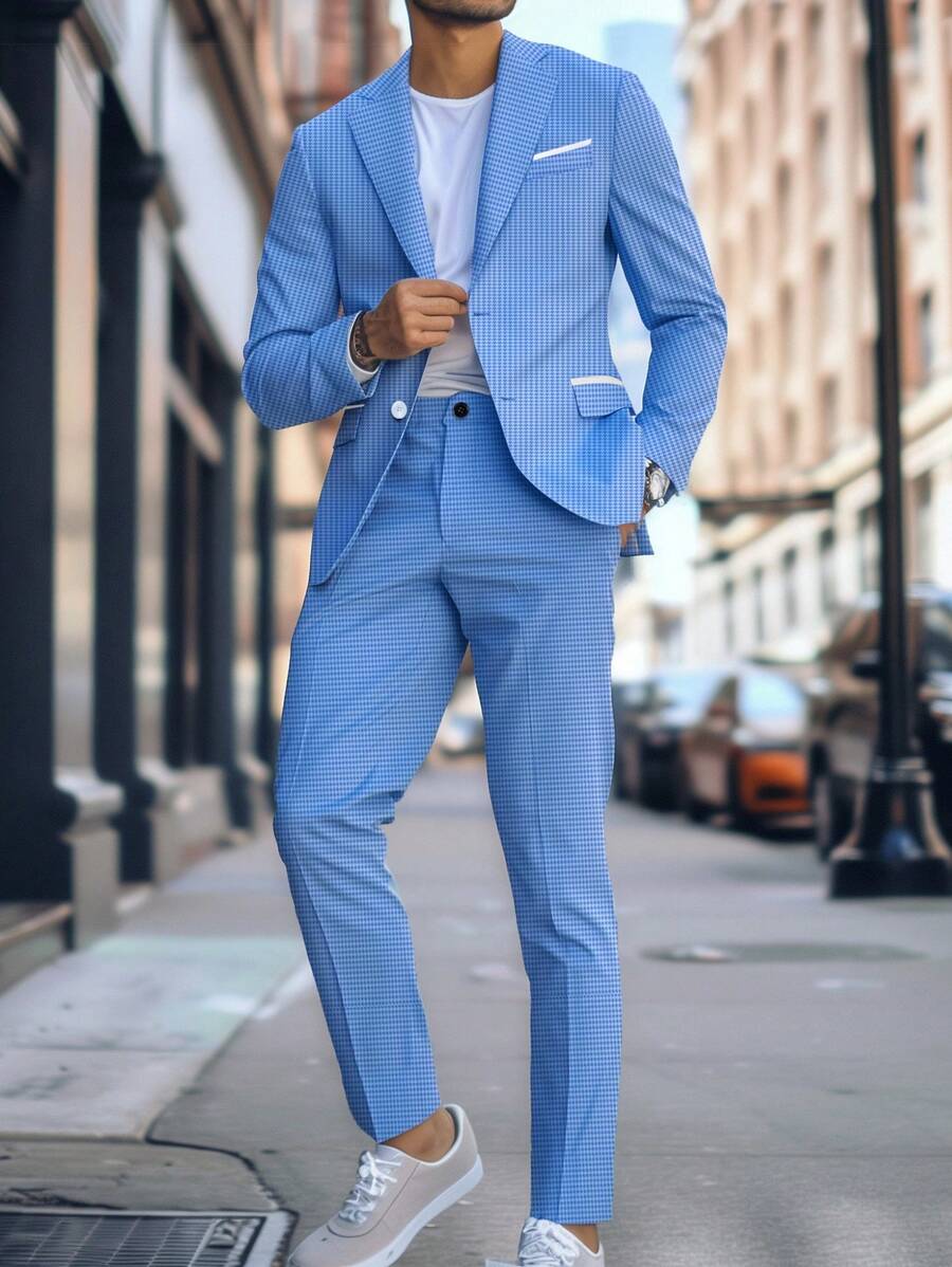 Manfinity Mode 男士商务通勤西装 - 夹克和裤子套装 - 淺藍色 - 查看 1