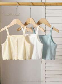 Set da 3 pezzi di canottiere in maglia per ragazze giovani, tessitura stropicciata casual versatile, bianchi, gialli, blu, intimo a strati, primavera/estate