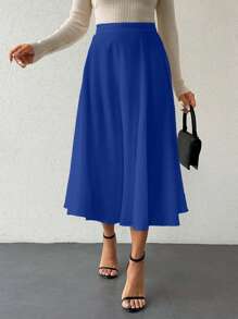 EURMUSE Women's Elegant Romantic Solid Color Flared Skirt, Summer - Royal Blue - View 3