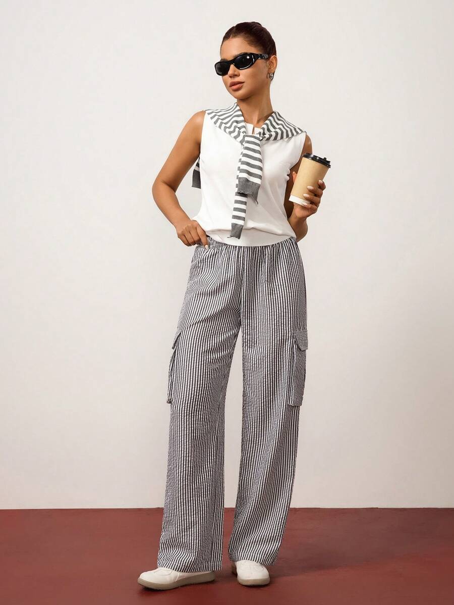 Hanevo Women's Elegant Striped Casual Sports Pants - Black and White - View 1