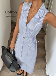 Easowa 女式夏季休闲无袖连衣裙，前开襟，海军蓝和白色条纹航海风格，适合休闲、度假、休闲通勤 - 藍白色 - 查看 3