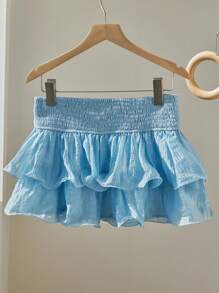 SHEIN Unity Blue Wrinkle Fabric Romantic Shirred Waist Double Ruffle Hem Design Sweet Vacation Beach A-Line Skirt, Spring/Summer - Blue - View 6