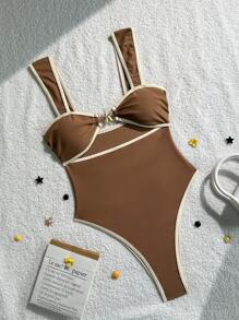 Swim Vcay 女士度假沙滩黑白尼龙面料连体泳衣 - 咖啡棕 - 查看 3