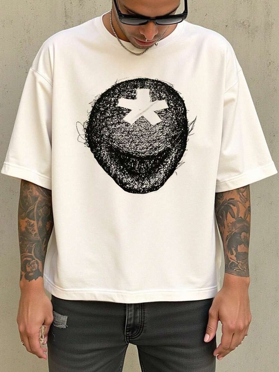 Manfinity Dauomo 男士夏季图案印花圆领短袖休闲 T 恤