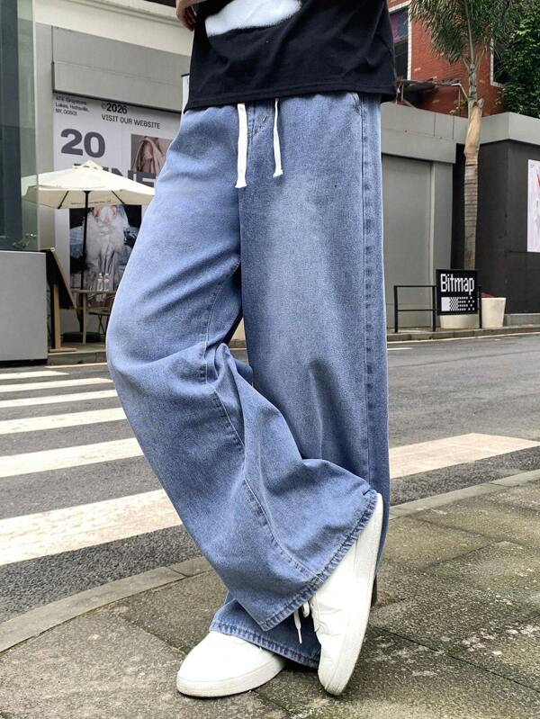 SHEIN Teen Boy Fashion Casual Y2k Cool Vintage Blue Denim With Elastic Waist And Drawstring Design Blue Basic Simple Daily Loose And Comfortable Jeans For Kids Clothes Boys Costume Dailywear And Kids Summer And Spring Rave Outfits Festival And Beach Outfits Clothes
