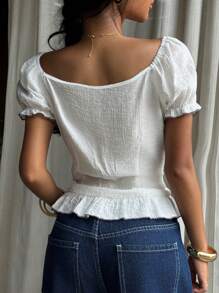 SHEIN EZwear Cute Tops Country Concert Lace White Top Heart-Neck Short Sleeve Contrast Lace Trim - White - View 2
