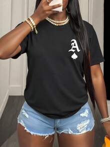 BamGleam Letter A Printed Women's Slim Fit Casual T-Shirt, Comfortable, Round Neck, Short Sleeve, Fashionable Streetwear Summer Top Graphic Tees Women Tops