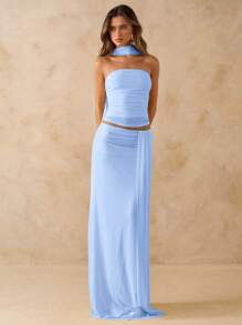 SHEIN BAE Bộ 2 món áo bandeau nhún bèo màu hồng trơn và chân váy xòe nhún cạp thấp lưới lưới, trang phục đi nghỉ, váy hở lưng phong cách Bohemian đi biển mùa hè, trang phục đi tiệc cho nữ, bộ 2 món phù dâu dự tiệc cưới - Màu xanh nhạt - Xem 6