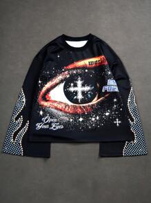 Manfinity EMRG Manfinity Streetrush Manfinity Streetrush Men Vintage Distressed Eye Graphic Oversized Bell Sleeve Sweatshirt, Black, Fall