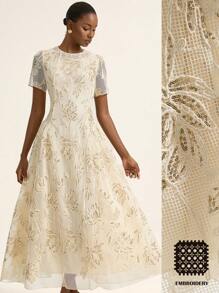 Aveloria Rosie French Style Elegant And Romantic Women's Dress. Simple & Generous Design, Subtle Luxury, Delicate Embroidery & Beaded Decor, Round Neck, Waist Cincher, Flared Skirt Silhouette, Ankle Length Dress - Apricot - View 1