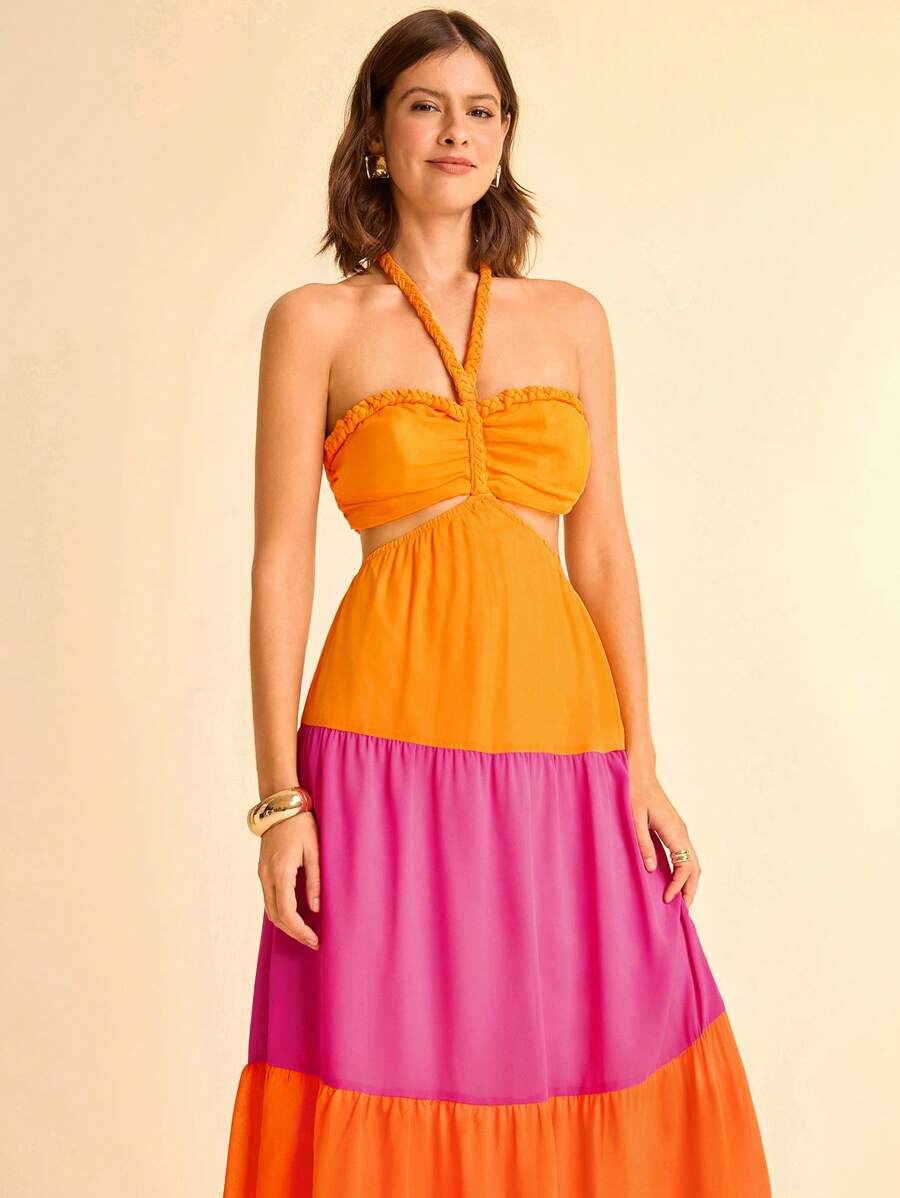 CAJUNI Women's Resort Colorblock Orange And Pink,Yellow Braided Halter Neck Hollow Back Sheer Chiffon Maxi Dress,Summer Casual Vacation Holiday Boho Dress - Multicolor - View 1