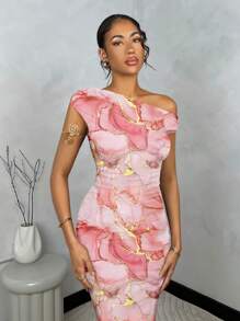 SHEIN BAE Elegant Women Casual Asymmetric Ruched Bodycon Dress, Suitable For Summer Chic Dress - Pink - View 5