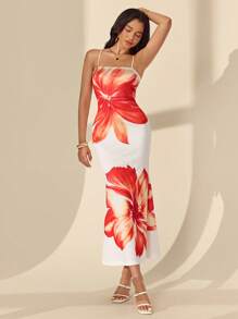 Almamuse 女士浪漫长款花卉印花细肩带连衣裙，假日风格 - 彩色 - 查看 3