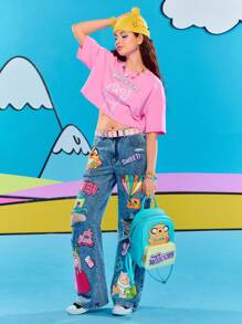 Adventure Time X ROMWE 涂鸦卡通图案宽松牛仔裤 - 藍色 - 查看 10