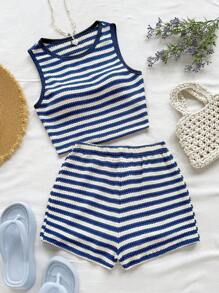 Soleia 2 件套女士节日红白纹理针织露背短款系带蝴蝶结短款上衣和松紧腰短裤 - 藍白色 - 查看 3