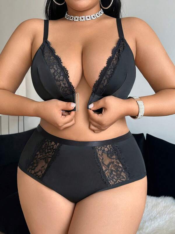 Set de 2 bragas cómodas con cierre delantero y ribete de encaje, talla grande