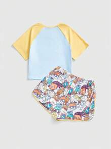 Nick 90's X ROMWE Conjunto de pijama informal con top de manga corta y shorts con estampado de dibujos animados