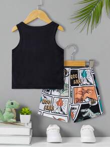 1 套男婴时尚卡通太阳镜恐龙印花背心和趣味恐龙印花短裤套装，适合夏季外出 - 彩色 - 查看 2