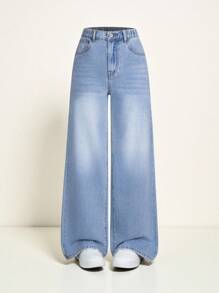 Sparklyn Tween Girls Casual Fashion Distressed Washed Wide Leg Denim Jeans - Medium Wash - View 1