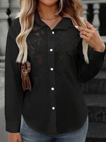 SHEIN LUNE Women's Solid Color Embroidered Front Casual Shirt - Black - View 1