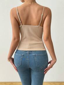 INAWLY Mechanism Ribbed Stretchy V-Neck Camisole - Apricot - View 2