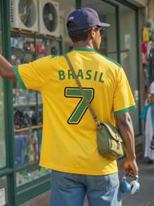 Manfinity Dauomo Men's Round Neck Short Sleeve 'Brasil 7' Numeric & Letter Print Casual Loose Fit T-Shirt