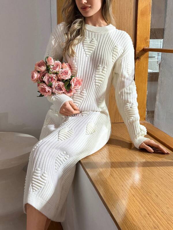 Cottnline Round Neck Long Sleeves Elegant Heart Textured Knit Sweater Dress