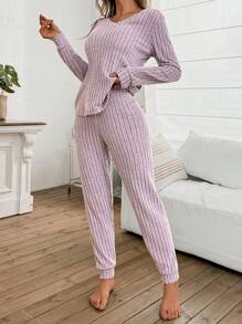 SHEIN Women Rib-Knit Fleece V-Neck Casual Long Sleeve Pants Pajama Set  Cozy And Elegant Details, Fall/Winter Clothes