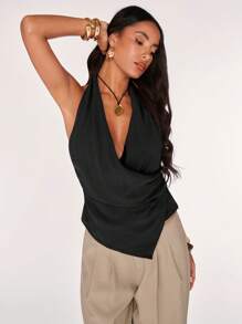 SHEIN BAE Women's Solid Color Plunging Draped Neck Sleeveless Sexy Halter Top, Summer - Black - View 3