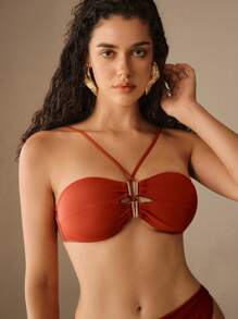 Elaire Top de traje de baño de unicolor para vacaciones en la playa para mujer - Marrón Mocha - Ver 3