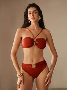 Elaire Top de traje de baño de unicolor para vacaciones en la playa para mujer - Marrón Mocha - Ver 4