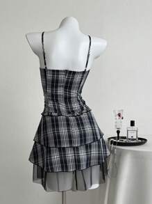 Elamini Women's Summer Fashion Plaid Mesh Spliced Camisole Mini Dress
